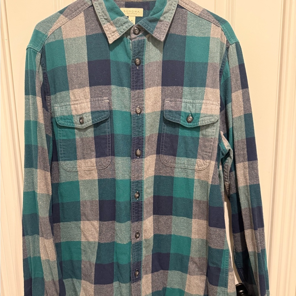 Sonoma Life+Style Teal and Navy Plaid Casual Button Down Shirt
